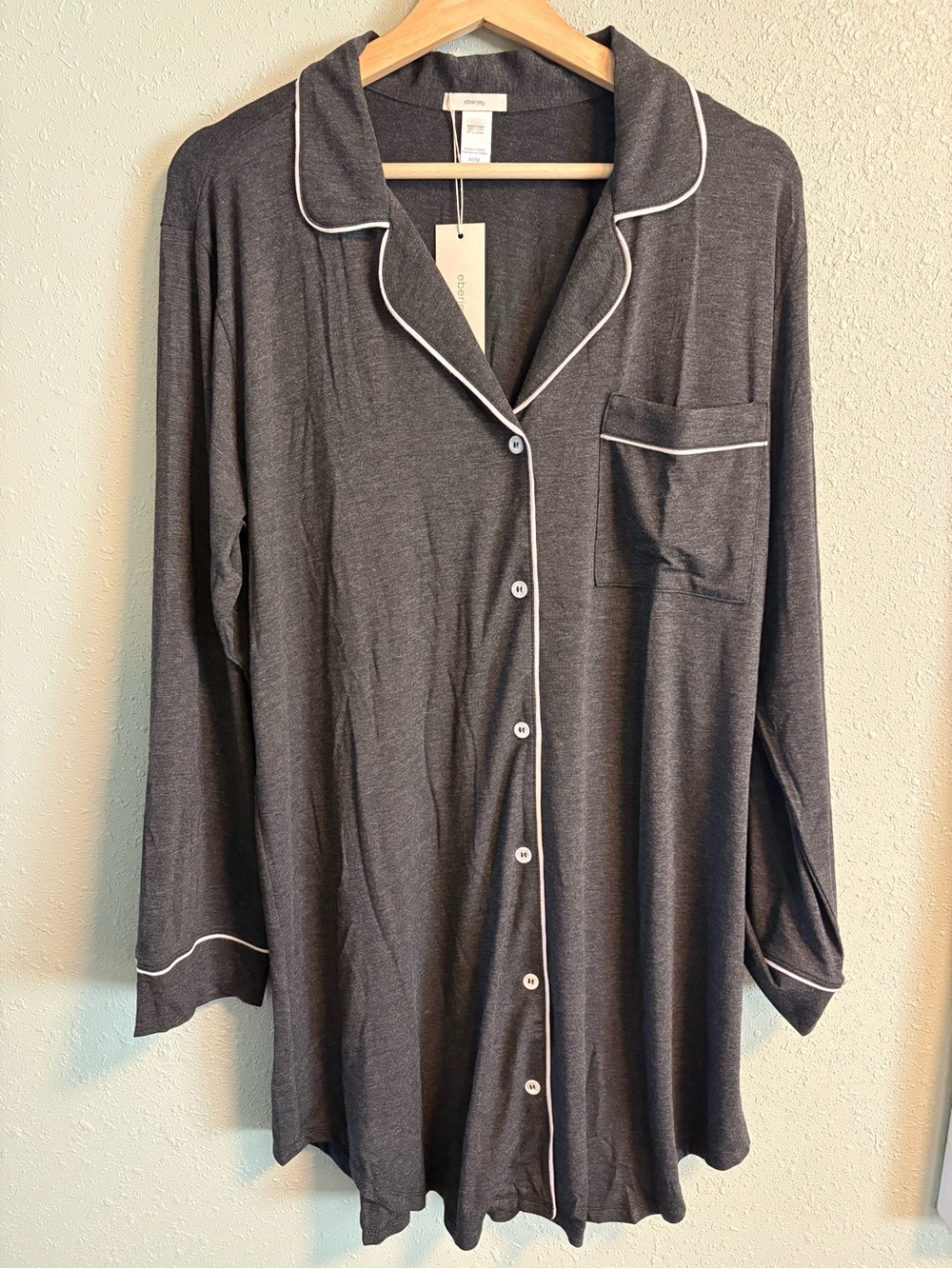Eberjey Long-Sleeve Button-Front Sleep Shirt Grey with White Piping